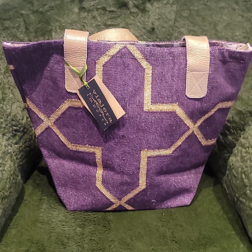 Viajera Imports Geometric Purple And Gold Tote with Metallic Pattern